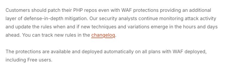 Cloudflare 官方说明:即使有 WAF 防护,仍应为 PHP 安装补丁